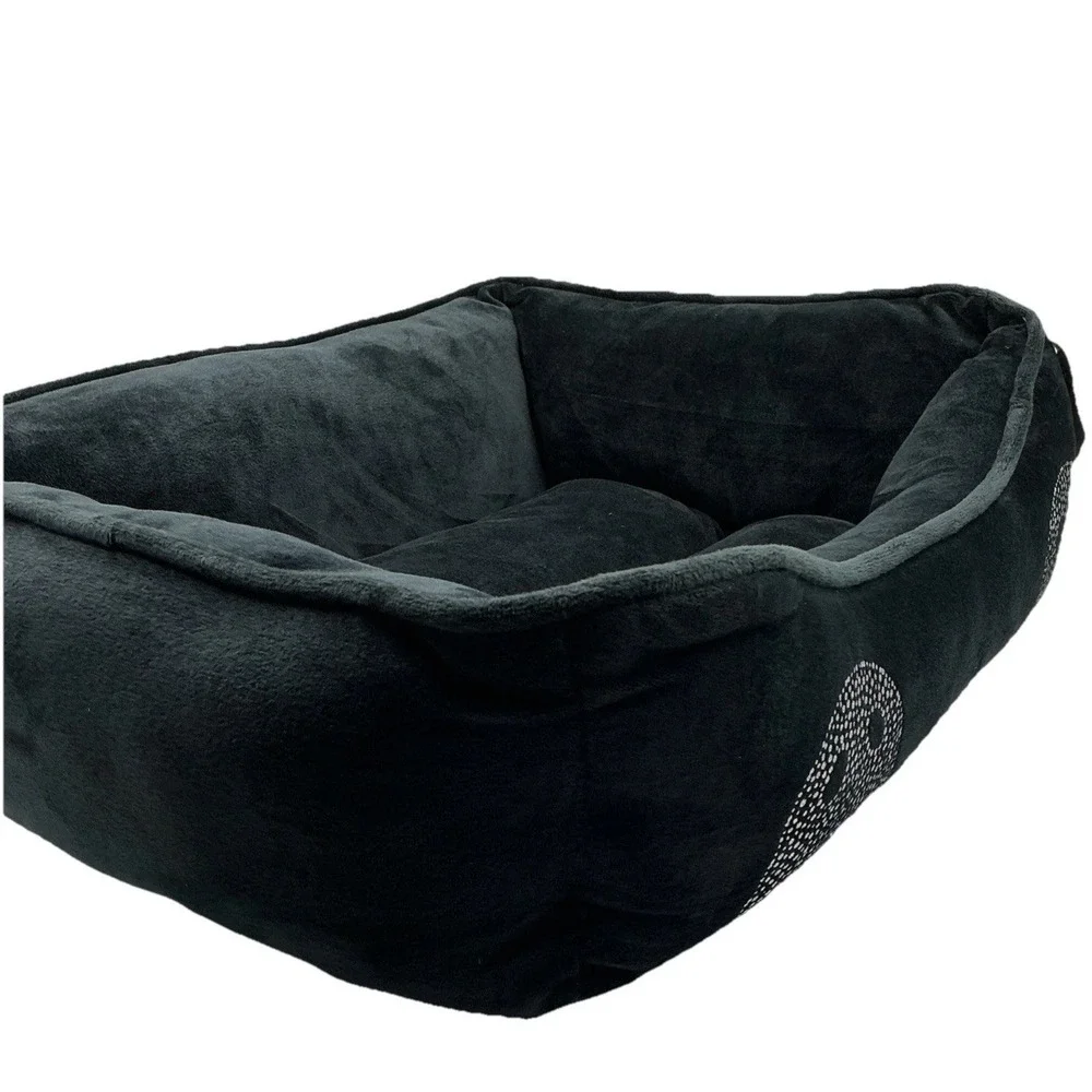 Tricks For Treats Pet Bed Black Velour Silver Ghosts Halloween Gothic 20x16x7